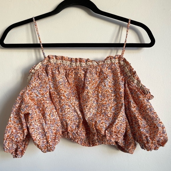 Zara Floral Lace Trim Printed Puff Sleeve Crop Cotton Blouse Top - Large - Picture 4 of 7